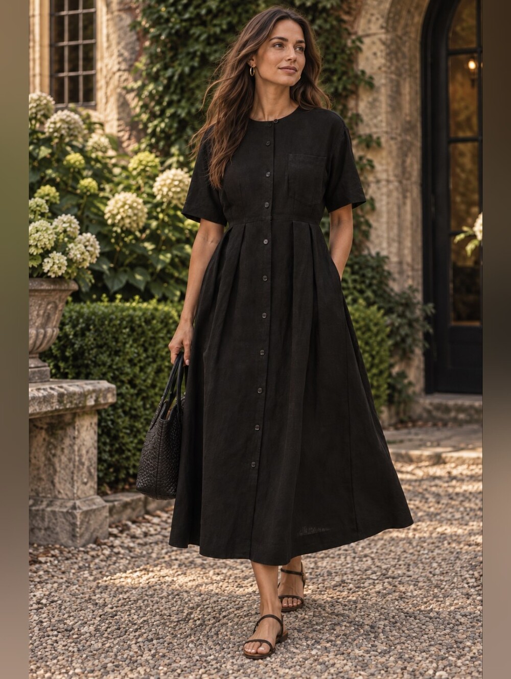 Jenni Kayne Day Linen Midi Dress in Black Quiet Luxury Minimalist Women's L